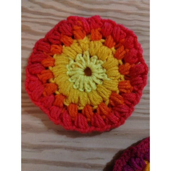 Handmade Crochet Coasters Set Of 2 - Vibrant Yellow Orange & Red Design With Fel - Picture 3 of 6